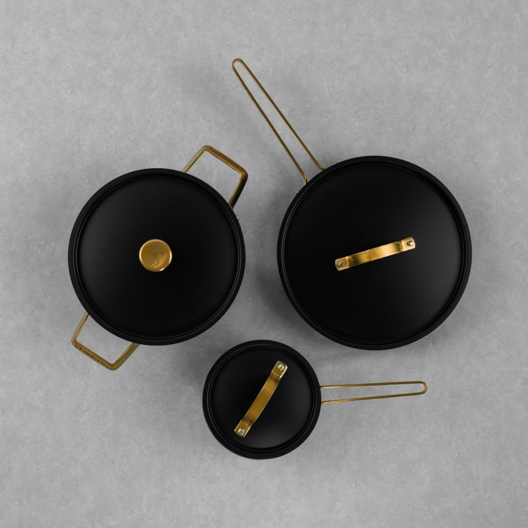 ARVET.1 - Set, 3 - Topf, Kasserolle und Schmorpfanne (Mattschwarz mit Messingdetails)