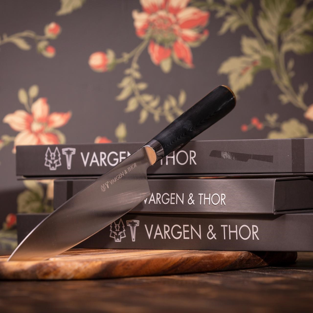 VARGAVINTER - Messerset/Bündel mit 3 Messern: Perfekt ausbalanciert. Messingsockel. Kochmesser + Brotmesser + Gemüsemesser.