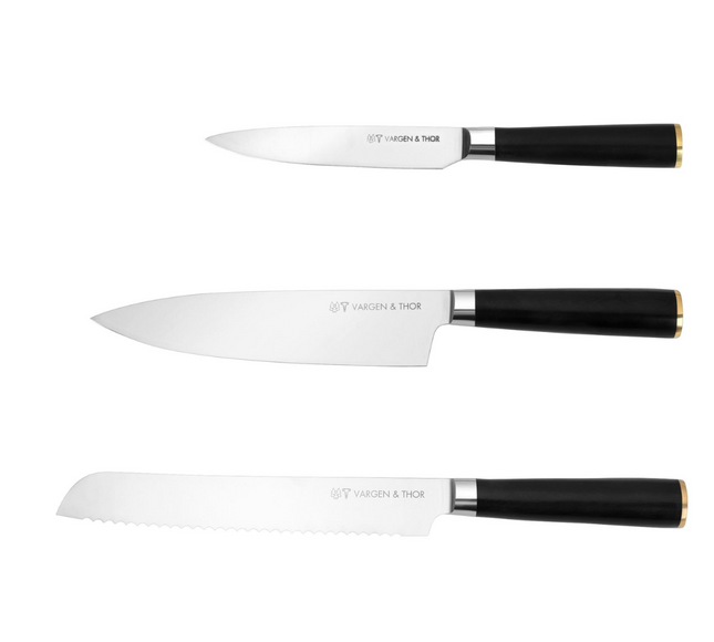 VARGAVINTER - Knivsæt/bundle med 3 knive: Perfekt balanceret. Messingbund. Kokkeknive + Brødkniv + Grøntsagskniv.