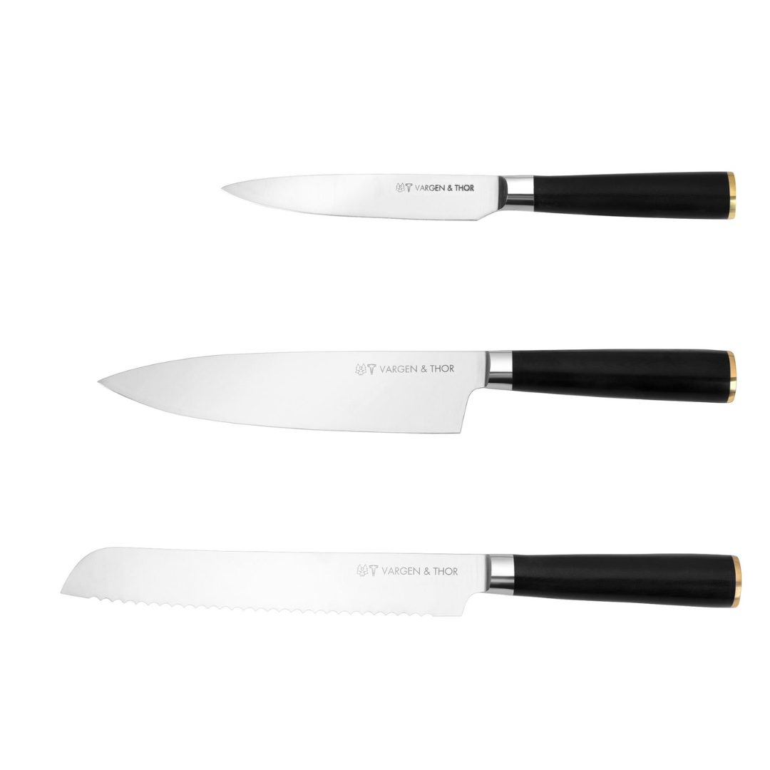 VARGAVINTER - Knivsæt/bundle med 3 knive: Perfekt balanceret. Messingbund. Kokkeknive + Brødkniv + Grøntsagskniv.